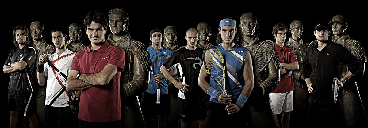 The top 8 tennis players with the 8 terracotta warrior sculptures - final image released by the ATP for the Tennis Master Cup Shanghai 2007