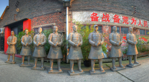 An image created by David McBride of the 8 completed tennis warriors before they left Chongqing where we created them in our Tank Loft Arts Center studios