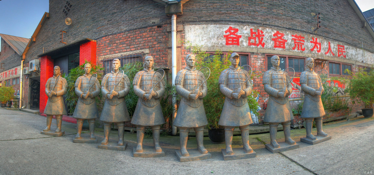 The 8 completed Tennis Terracotta Warrior statues before leaving the Tank Loft Contemporary Arts Center in Chongqing where we created them in our studio